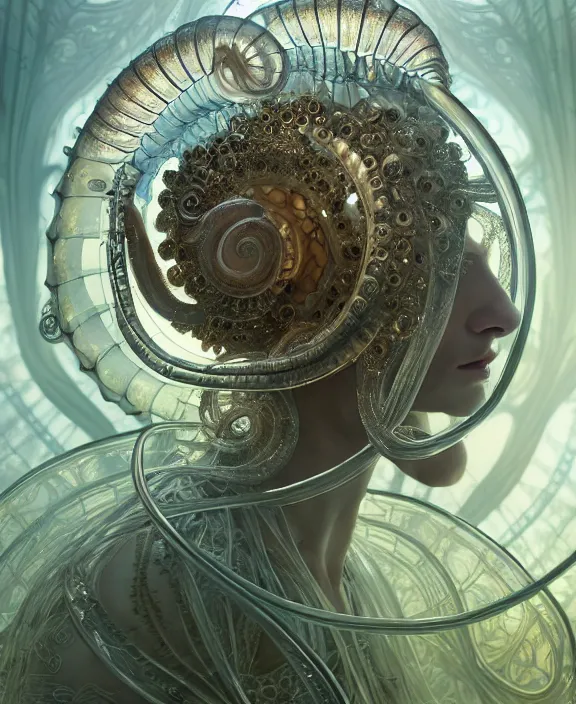 Image similar to intricate ornate opulent transparent clear see - through portrait of a horrific beautiful male human isopod nautilus tornado, adorable, childlike, overgrown jungle environment, ultra realistic, concept art, art nouveau, photorealistic, octane render, 8 k, unreal engine. art by christopher marley and artgerm and greg rutkowski and alphonse mucha