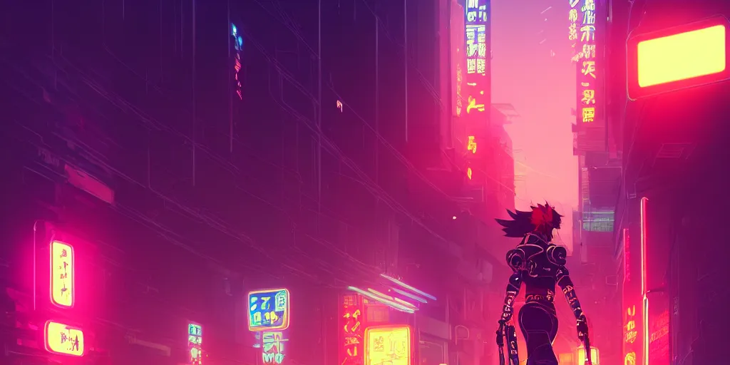 Image similar to digital illustration closeup portrait of cyberpunk samurai in city street at night by makoto shinkai, ilya kuvshinov, lois van baarle, rossdraws, basquiat | afrofuturism, in the style of hearthstone, trending on artstation | cool color scheme