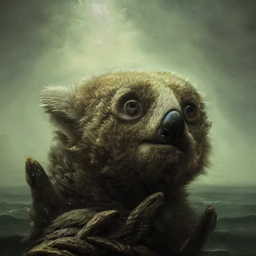 Prompt: sea koala creepy, nightmare, dream - like heavy atmosphere, neoclassic, baroque painting, beautiful detailed intricate insanely detailed octane render trending on artstation, 8 k artistic photography, photorealistic, volumetric cinematic light, chiaroscuro, raphael, caravaggio, beksinski, giger, rembrandt