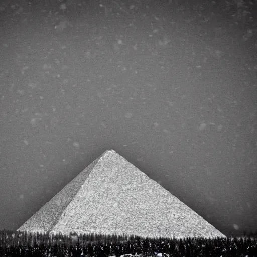 Image similar to a monolithic pyramid on the horizon in a taiga. overcast sky, snowing.