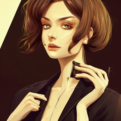 Image similar to cute beautiful decisive girl in jacket suit with snake print over bare skin, elegant, 2d, ultra highly detailed, digital painting, smooth, sharp focus, artstation, pixiv, art by Ilya Kuvshinov