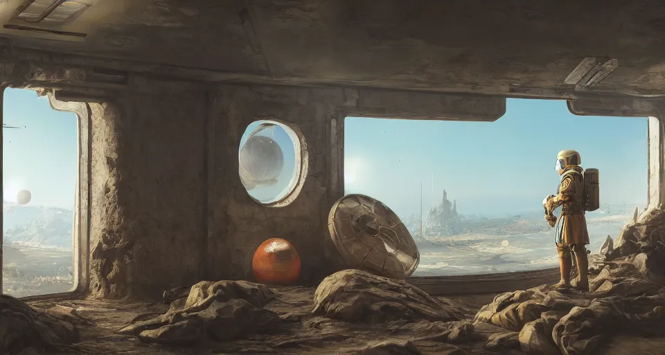 Image similar to a roman soldier looks out the window of his space station at a burning planet, realistic rendering, unreal engine, 4k, hdr, high dynamic range, f12, simon stalenhag, high tech, star wars cavern interior