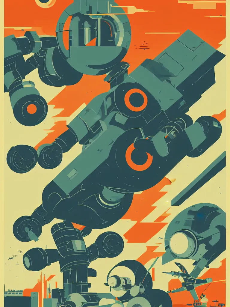 Image similar to tom whalen poster illustration of a large retro science fiction robot battle above city neighbourhood, vintage muted colors, some grungy markings