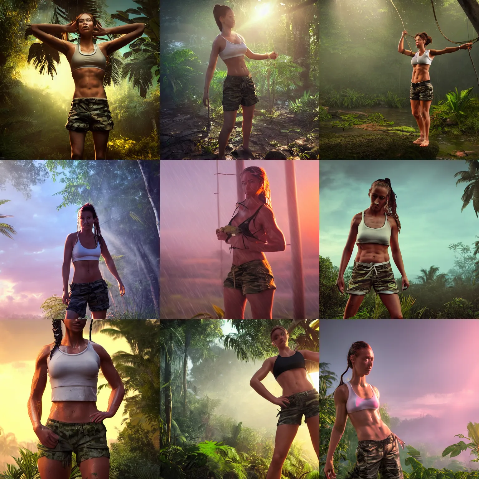 Prompt: adventure girl, jungle setting, soaking wet, wet white tee tied in knot, torn camo shorts, sweaty abs, sunset rays, realistic, unreal engine render, atmospheric haze, golden rays