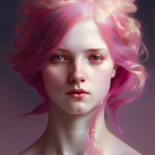 Image similar to Portrait of a pale girl with pink hair, glowing skin, fantasy, intricate, elegant, highly detailed, digital painting, artstation, concept art, smooth, sharp focus, illustration, art by Krenz Cushart and Artem Demura and alphonse mucha