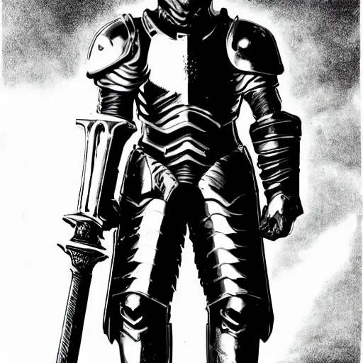 Prompt: a cyberpunk paladin in very heavy silver armor wearing a crusaders helmet he is holding a large long sword in a cyberpunk setting, comic book art, cyberpunk, art by stan lee, pen drawing, inked, colorful, bright high tech lights, dark, moody, dramatic, deep shadows, marvel comics, dc comics