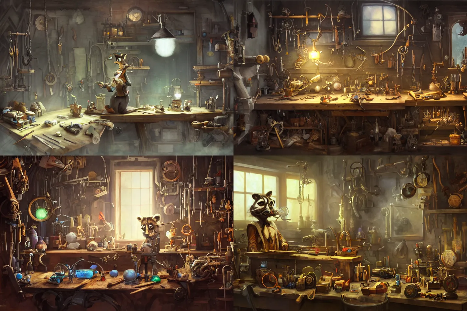 Prompt: concept art of the arcane tinkerer's workbench with tools and contraptions, anthropomorphic raccoon tinkerer tinkering, dnd character art, moody lighting, warm lighting, light rays from nearby window, by sargent and lecouffe-deharme, warm lighting, cinematic, dnd concept art, expressive oil on canvas, digital art, artstation