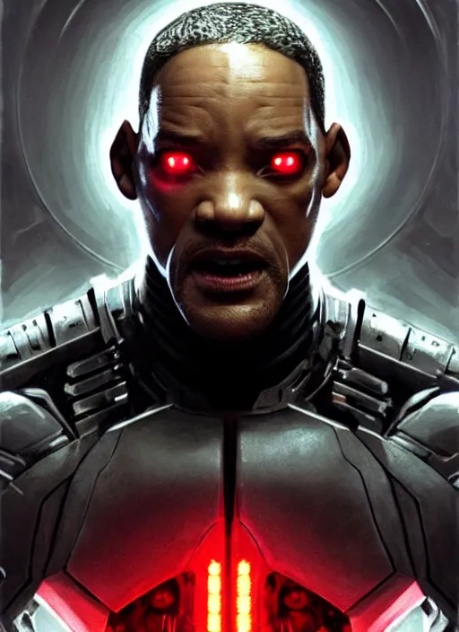 Image similar to will smith as victor stone, full body concept, cyborg, borg, strogg, face of a man, terminator, flesh, quake strogg, doom demon, wolfenstein, monstrous, powerful, symmetry, symmetrical, concept art by ruan jia and greg rutkowski