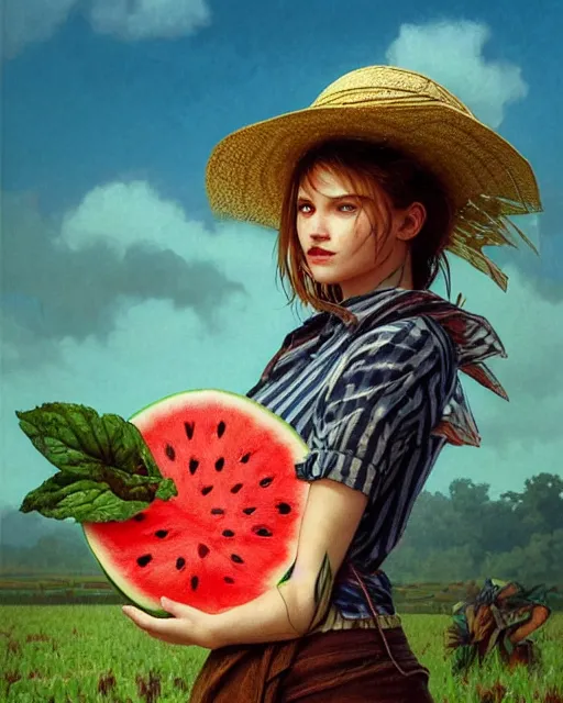 Prompt: a scarecrow using a shirt with an amazing texture, holding a watermellon, patterns on shirts, gentle, posing, watermelon farm, vaporwave, bedroom, highly detailed, digital painting, artstation, concept art, smooth, sharp focus, illustration, art by artgerm and greg rutkowski and alphonse mucha
