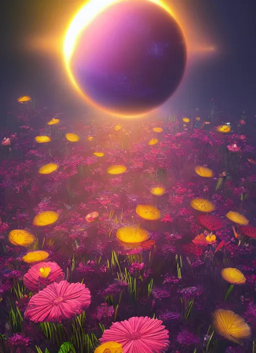 Image similar to An epic fantastic realism comic book style painting of the most beautiful flowers launched into space, bouquets, solar eclipse, fisheye, unreal 5, DAZ, hyperrealistic, octane render, dynamic lighting