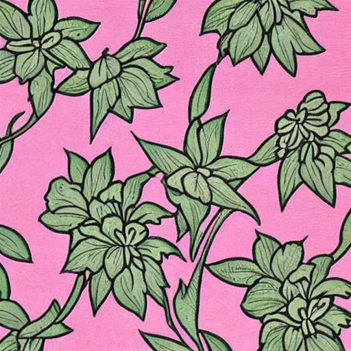 Image similar to william morris style print of beautiful light pink peonies and green leaves, repeating pattern