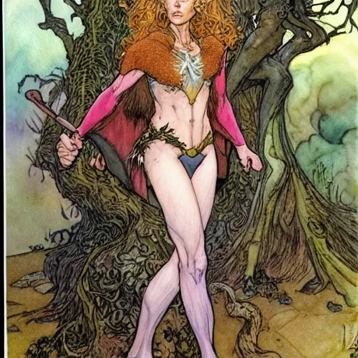 Image similar to a realistic and atmospheric watercolour fantasy character concept art upper body image of a young jane fonda in her 2 0 s posing as a druidic warrior wizard looking at the camera with an intelligent gaze by rebecca guay, michael kaluta, charles vess and jean moebius giraud