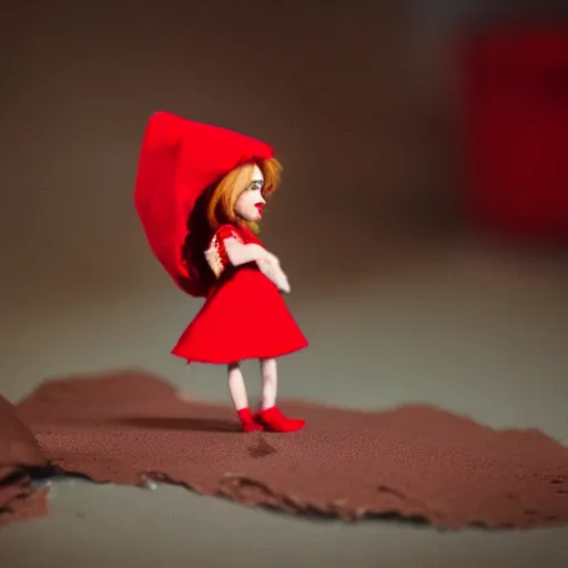 Image similar to a cinematic film still of a claymation stop motion film starring emma stone as little red riding hood, and realistic wolf, shallow depth of field, 8 0 mm, f 1. 8