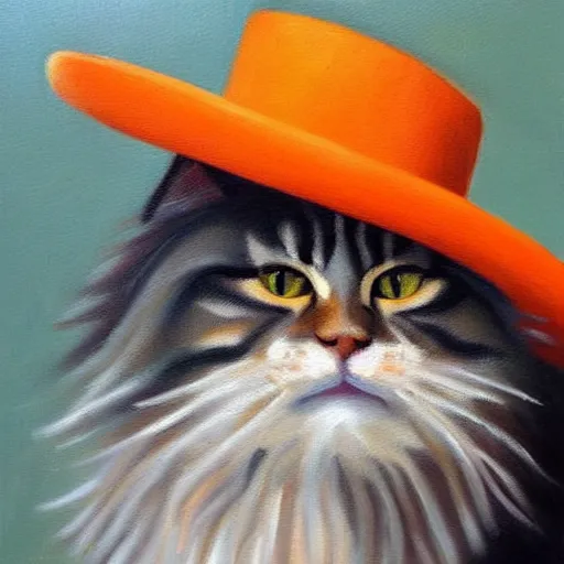 Prompt: Beatiful Oil painting of an orange Maine-coon with a white beard. wearing a wide-brimmed straw sombrero sombrero