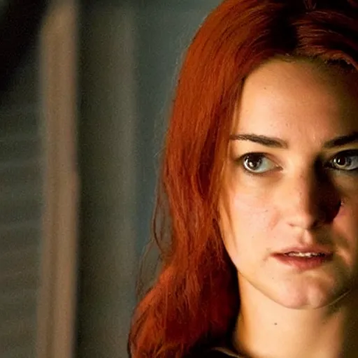 Image similar to A still of Shailene Woodley as Black Widow in Iron Man 2 (2010), close-up