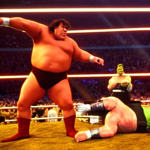 Image similar to shrek vs andre the giant at wrestlemania 8, dramatic lighting, 8k , WWE poster