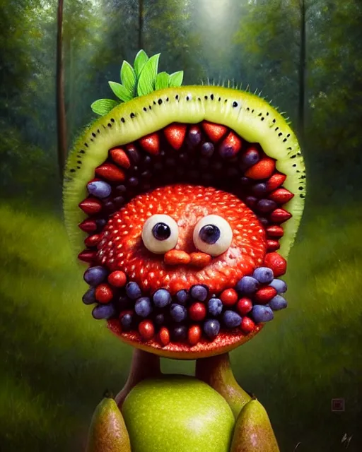 Image similar to portrait of a cute fruit figurine monster made of different fruit, standing in a forest, staring wide open eyes, open mouth, very detailed eyes, trees in the background, sunlight, oil painting, highly detailed, dramatic lighting, hyperrealistic, 8 k, smooth, intricate, artstation, cgsociety, by artgerm, by wlop