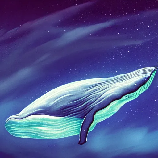 Image similar to portrait of whale swimming on a night sky, swimming across the universe, oniric, dreamy, beautiful, highly detailed, cinematic, trending on artstation