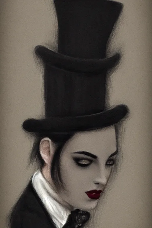 Image similar to elegant long hair lady wearing gentleman suit and tophat, mysterious, portrait, photorealism, noir, dark background