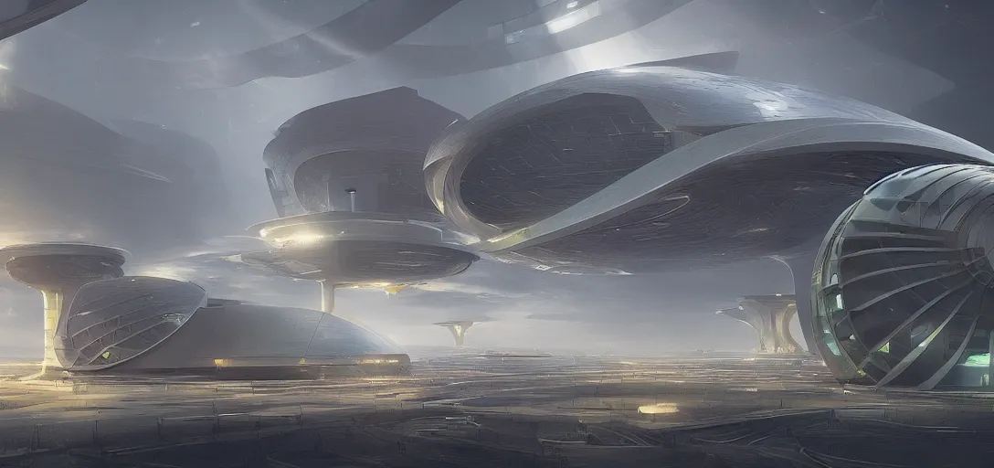 Image similar to a futuristic solarpunk spaceport, designed by jørn utzon, sci - fi, digital art by paul chadeisson