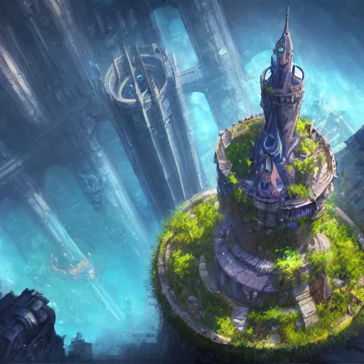 Prompt: aerial view of a giant fish tank shaped like a tower in the middle of a city, godray on plants, fantasy digital art, fantasy style art, fantasy hearthstone art style, fantasy game art by greg rutkowski, darksouls concept art