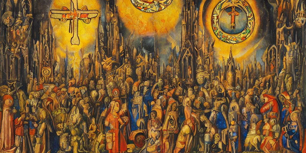 Prompt: Medieval religious oil painting of the cat god reborn under the holy light high up in a Gaudí style church surrounded by his subjects and armies, harmonious color scheme