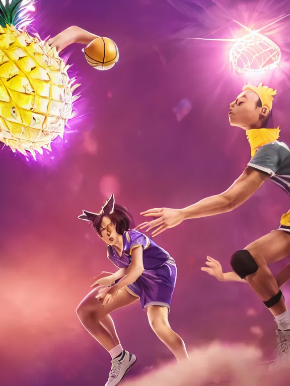 Prompt: a human pineapple playing basketball against a man in a maid outfit with purple hair and cat ears, ultra realistic, lens flare, atmosphere, glow, detailed, intricate, full of colour, cinematic lighting, trending on artstation, 4 k, hyperrealistic, focused, extreme details, unreal engine 5, cinematic, masterpiece