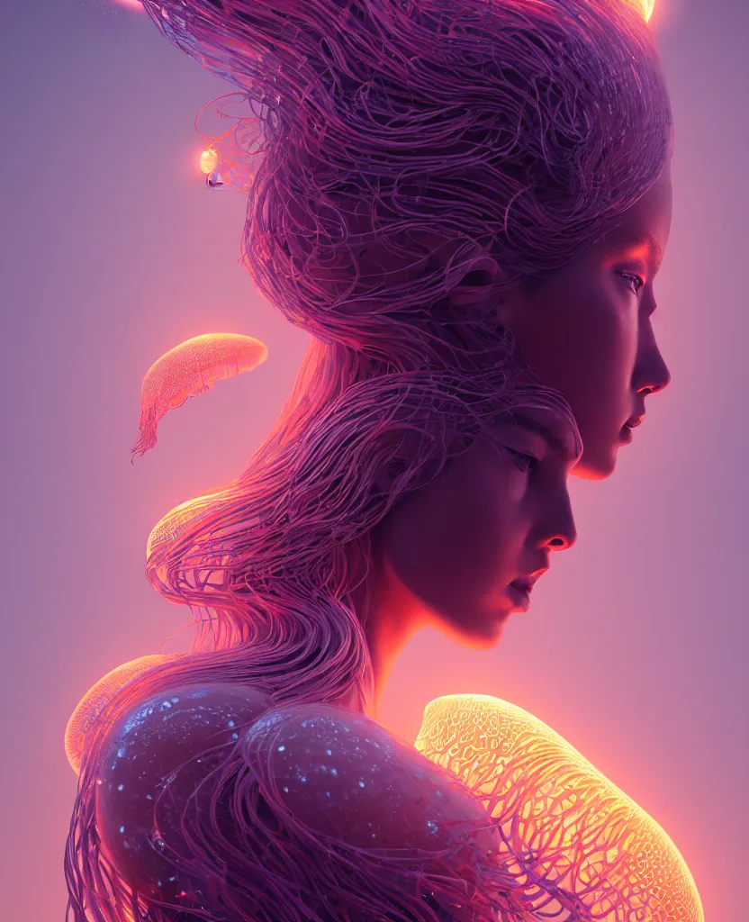 Image similar to goddess portrait. jellyfish phoenix head. intricate artwork by Tooth Wu and wlop and beeple. octane render, trending on artstation, greg rutkowski very coherent symmetrical artwork. cinematic, hyper realism, high detail, octane render, 8k