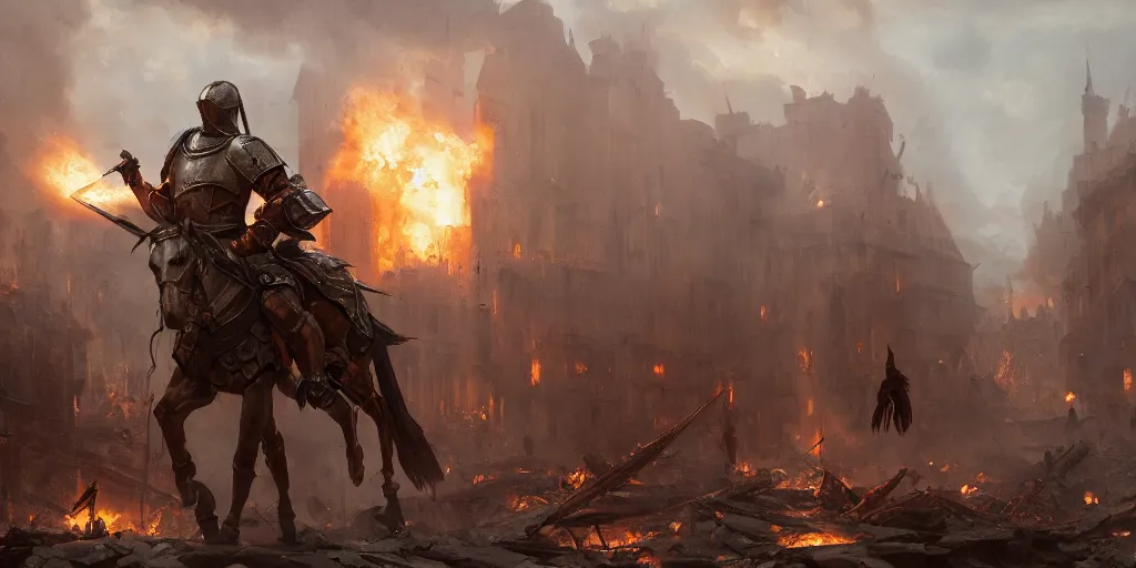 Image similar to a painting of a cinematic keyframe of a medieval knight warrior with his sword walking into a destroyed medieval town, with fire by greg rutkowski, rule of thirds, golden ratio, ambient lighting, wlop, artgerm, artstation, highly detailed masterpiece, dark fantasy art, high detail, trending on artstation