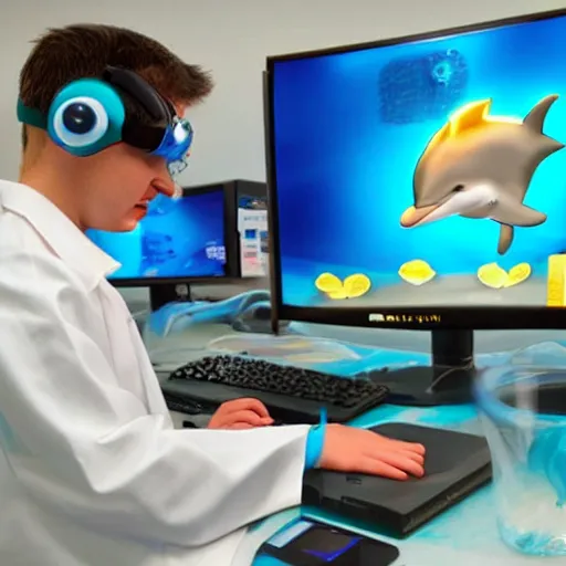 Prompt: A chemist wearing a dolphin outfit playing games on a computer