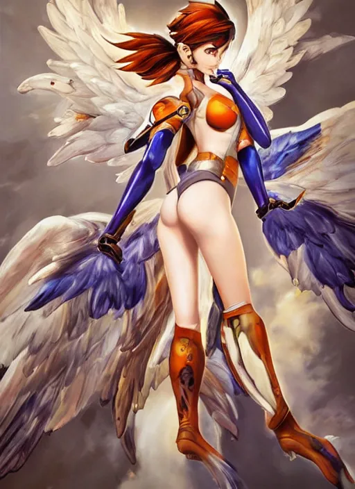 Image similar to full body oil painting of tracer overwatch in the style of mark brooks, angel wings, dramatic painting, symmetrical composition, silky garment, high detail, gold detailed choker, angelic, lights, flowers, heavenly, bright, detailed face,