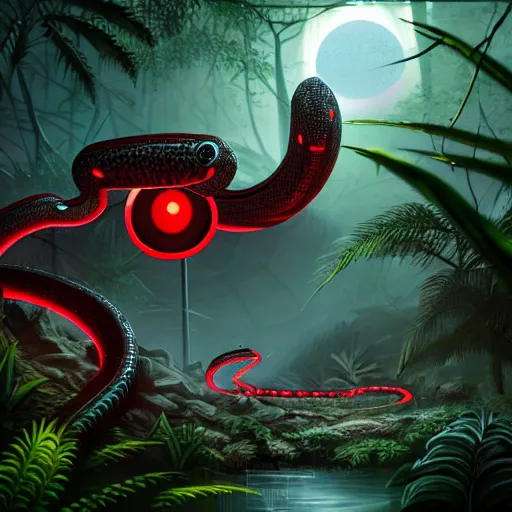 Image similar to robot snake in the middle of the jungle spying enemy country, red glowing eyes, dense jungle, middle of night, hd, uhd, 8 k, noise, illustration, sharp focus, detailed, sharpen, artstation, elegant, highly detailed, fantasy, futuristic