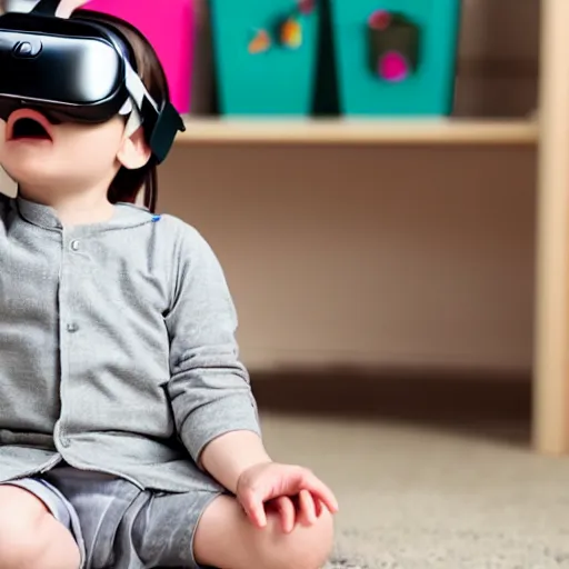 Prompt: A toddler wearing a straight jacket and a vr headset while sitting in a daycare setting, photography