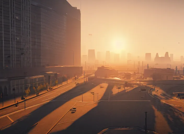 Image similar to gta in moscow, playstation 5 screenshot, adidas hero, symmetrical, mega details, golden hour, fog, beautiful rtx reflections, brutalism buildings, photorealistic, unreal engine 5, octane render, volumetric light, cg society, 4 k, bokeh, artstation