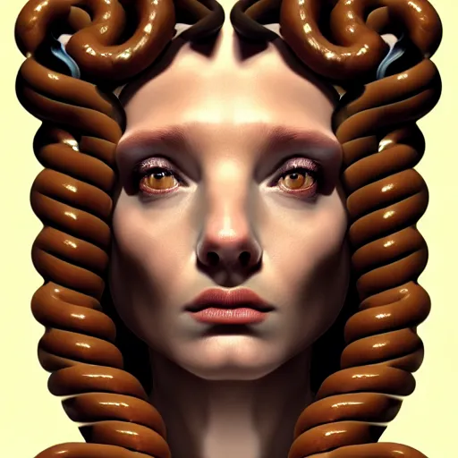 Prompt: portrait of medusa with long thin sausages instead of snakes, sausage hair, photorealistic, illustration, intricate details, masterpiece, digital art, trending on artstation