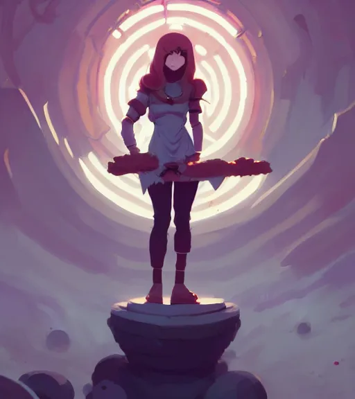 Image similar to a full body portrait of a female mage, d & d, fantasy, standing near a portal by atey ghailan, by greg rutkowski, by greg tocchini, by james gilleard, by joe fenton, by kaethe butcher, dynamic lighting, gradient light blue, brown, blonde cream and white color scheme, grunge aesthetic