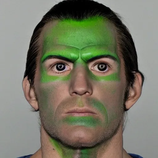 Prompt: mugshot of the superman, deeo shadows, highlights, unkempt appearance, green skin