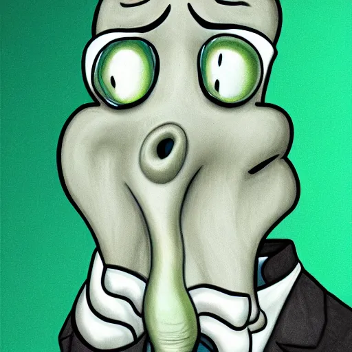 Image similar to handsome squidward portrait, realistic, cartoon, vivid