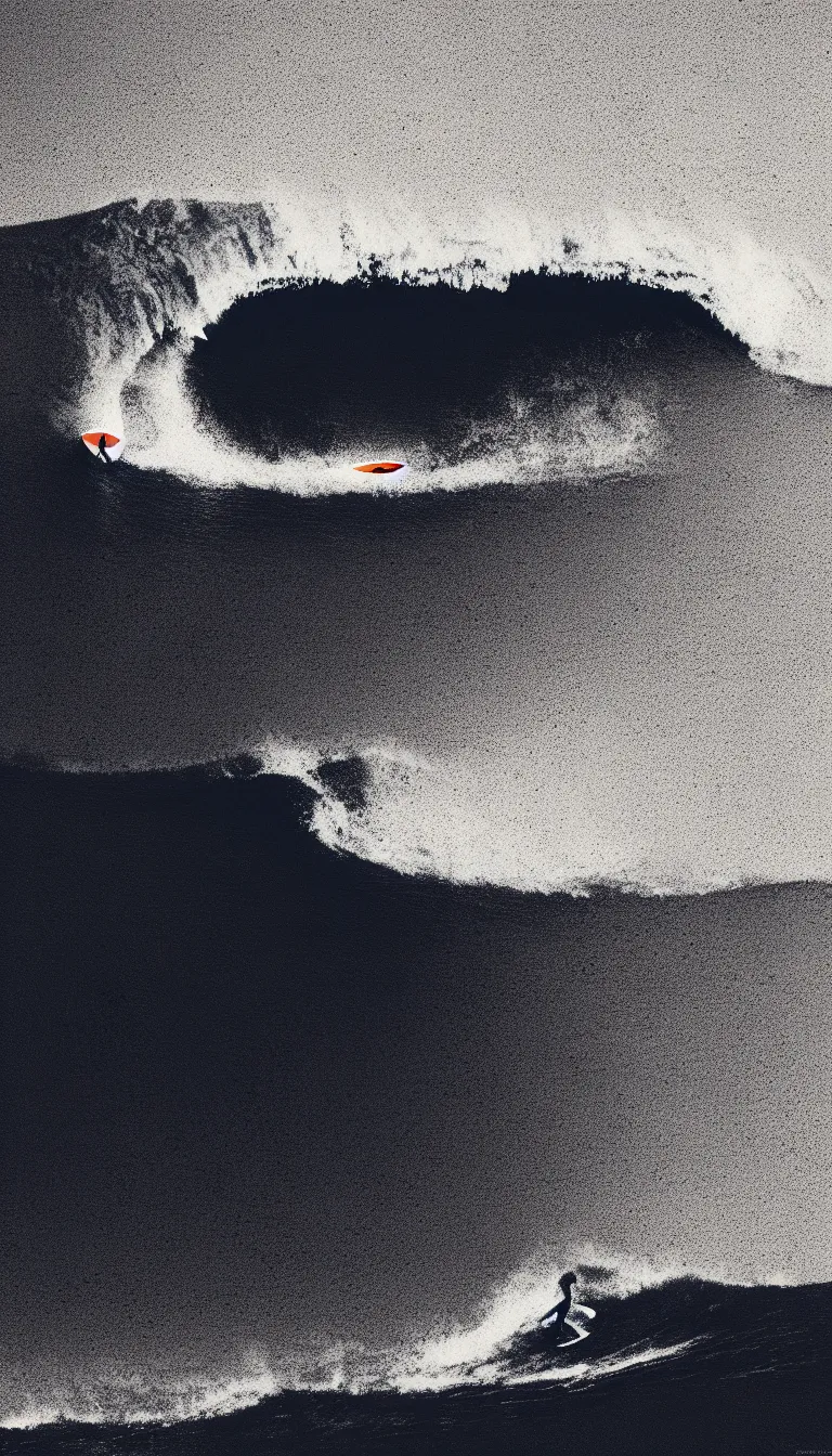 Image similar to surfing wave, mads berg, karolis strautniekas, film noir, stippled light, dramatic lighting, editorial illustration, detailed, fine texture, matte print, art deco, brutalism, dark blue + dark orange, red, black, ( ( habitat 6 7 background ) )