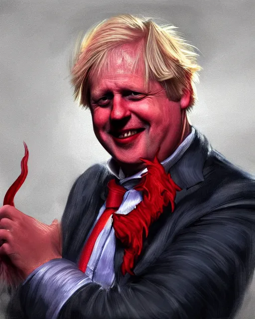 Image similar to dark fantasy character concept painting of uk politician former prime minister boris johnson wearing a suit of red dancing smiling in the fiery pits of hell, smiling and having fun with demons, satanic imagery, pagan, satanic symbolism, illustration, trending on artstation,