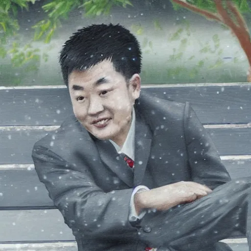 Image similar to A detailed portrait of Hu Tao from Genshin Impact sitting on a park bench in the rain.