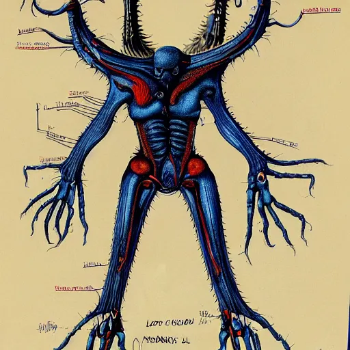 Prompt: anatomically correct diagram of alien, quadruped, h. r. giger, red and blue, 8 feet fall, monstrous, fiendish