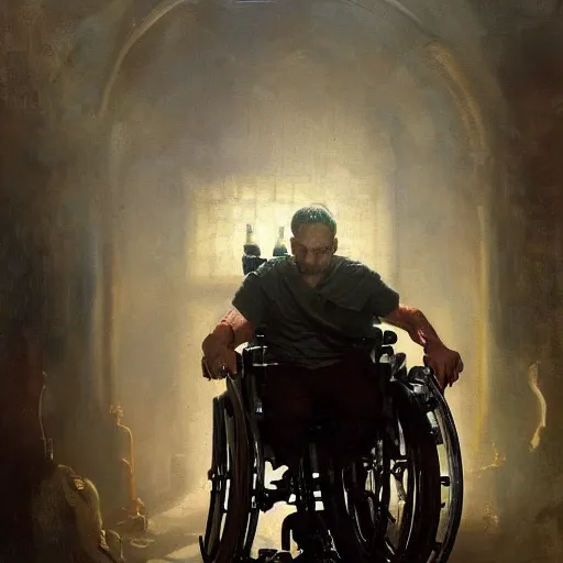 Image similar to handsome portrait of a wheelchair guy fitness posing, radiant light, caustics, war hero, one legged amputee, by gaston bussiere, bayard wu, greg rutkowski, giger, maxim verehin