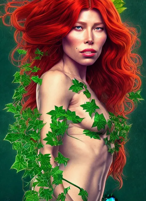 Image similar to jessica biel as poison ivy, character concept art, trending on artstation, red hair, highly detailed, high quality, digital illustration, alena aenami, alphonse mucha, tom bagshaw