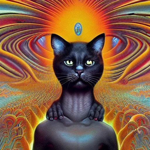 Image similar to a cat having an ego trip, by alex grey, by Esao Andrews and Karol Bak and Zdzislaw Beksinski and Zdzisław Beksiński, trending on ArtStation