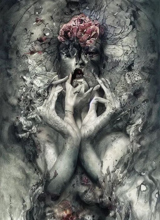 Image similar to Our lives are not our own. We are bound to others, past and present, and by each crime and every kindness, we birth our future. diabolical, dark, mystical, intrincate, maximalism, by Marco Mazzoni, Otto dix and Ryohei Hase