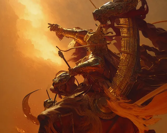 Image similar to battle of kings, fire and dust and golden armor, action, dramatic lighting, intricate, wild, highly detailed, digital painting, artstation, concept art, smooth, sharp focus, illustration, art by artgerm and greg rutkowski and alphonse mucha