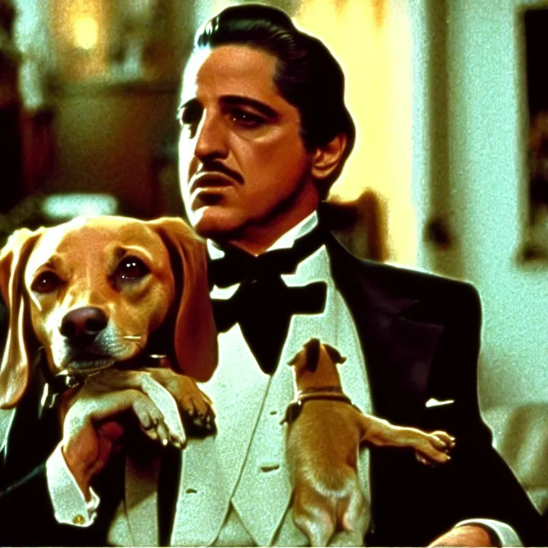 Prompt: cinematic scene screen cap from the godfather with an anthropomorphic dog in a suit