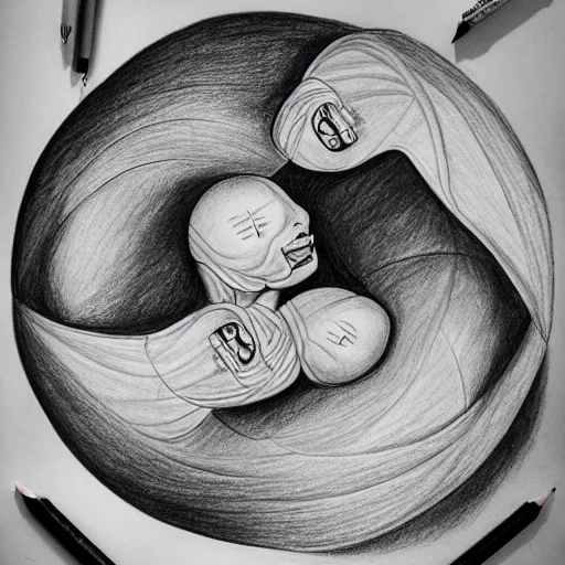 Image similar to a drawing of a pregnant cyborg giving birth to emerging yin - yang daoist symbol emerging from womb, black and white detailed pencil drawing dao