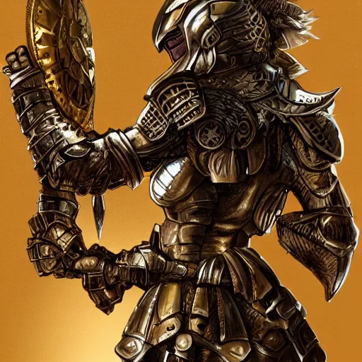 Image similar to armored girl holding a golden shield embroiled in intricate details, concept art